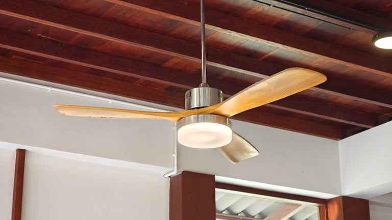 Wooden ceiling fan in modern room