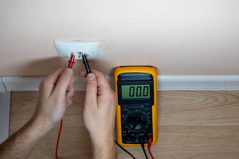 Hands Testing Wall Outlet With Multimeter, DIY Homeowner Performing Safety Check Near Baseboard, Probes Inserted Into Faceplate, Digital Meter Reading