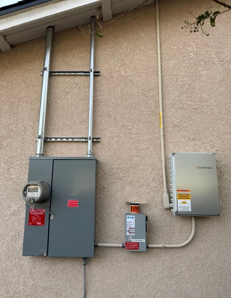 Exterior electrical panel mounted on stucco wall with disconnect and meter