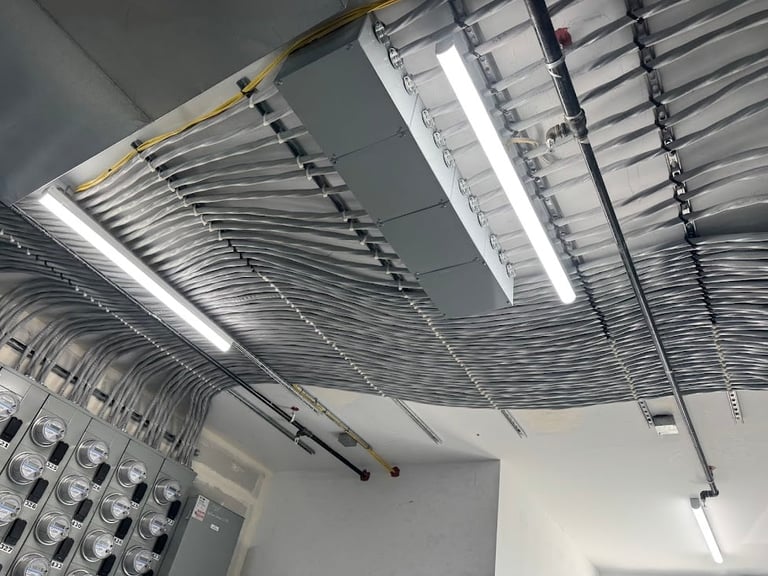 Industrial ceiling with LED linear light fixtures suspended by wires and cable trays mounted on gray concrete ceiling