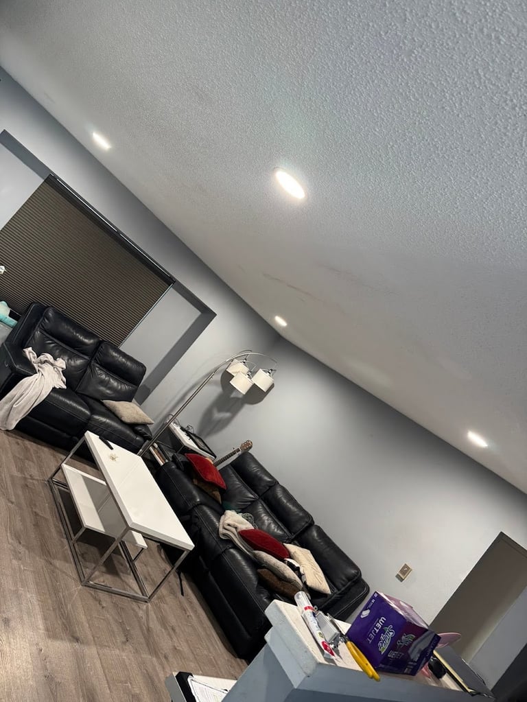 Interior room with black furniture, wooden flooring, recessed ceiling lights